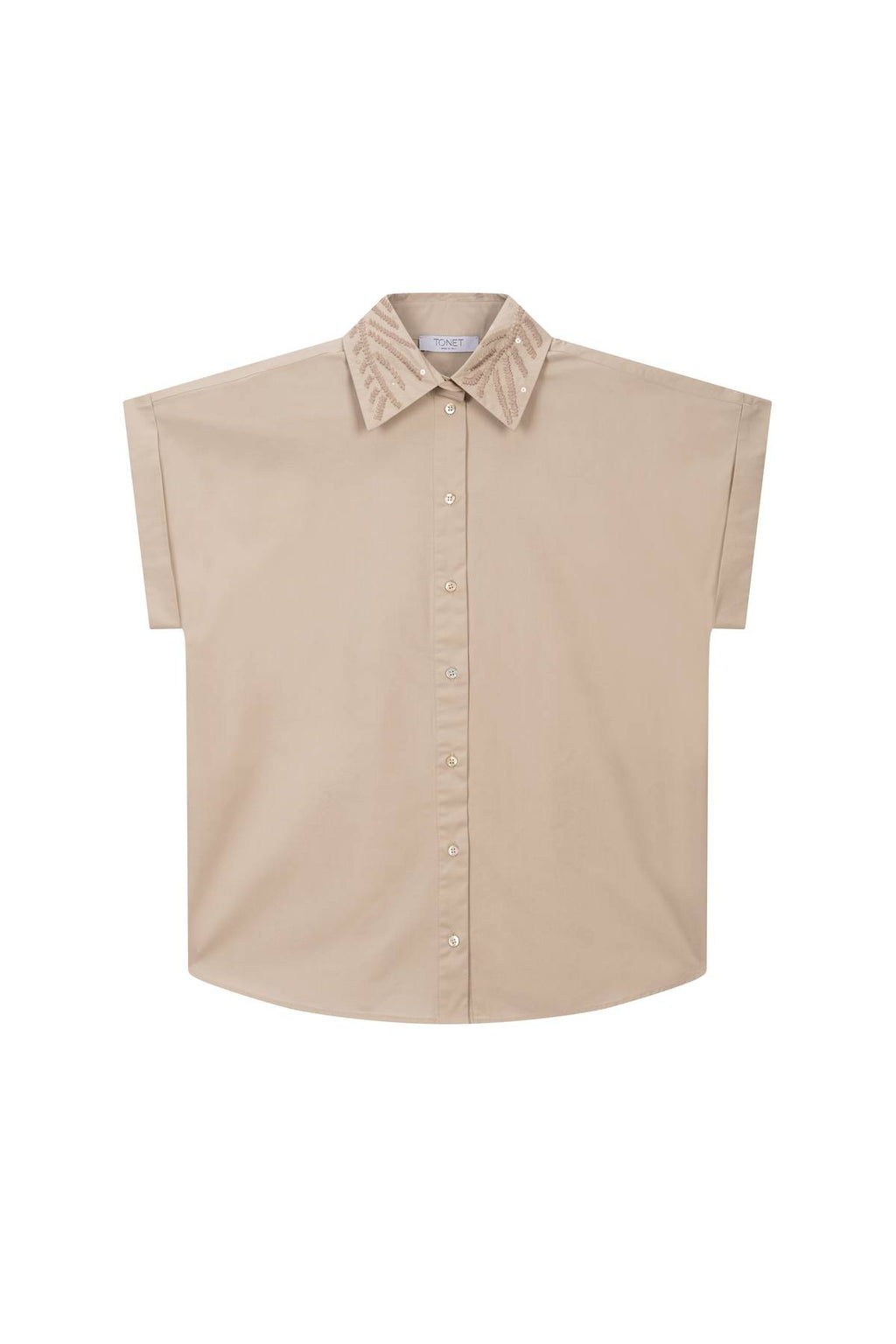 TONET - Camicia da donna in popeline di cotone, ricamo con filato e paillettes. Mezza manica, vestibilità regolare, risvolto sul polso, bottoni in madreperla. 