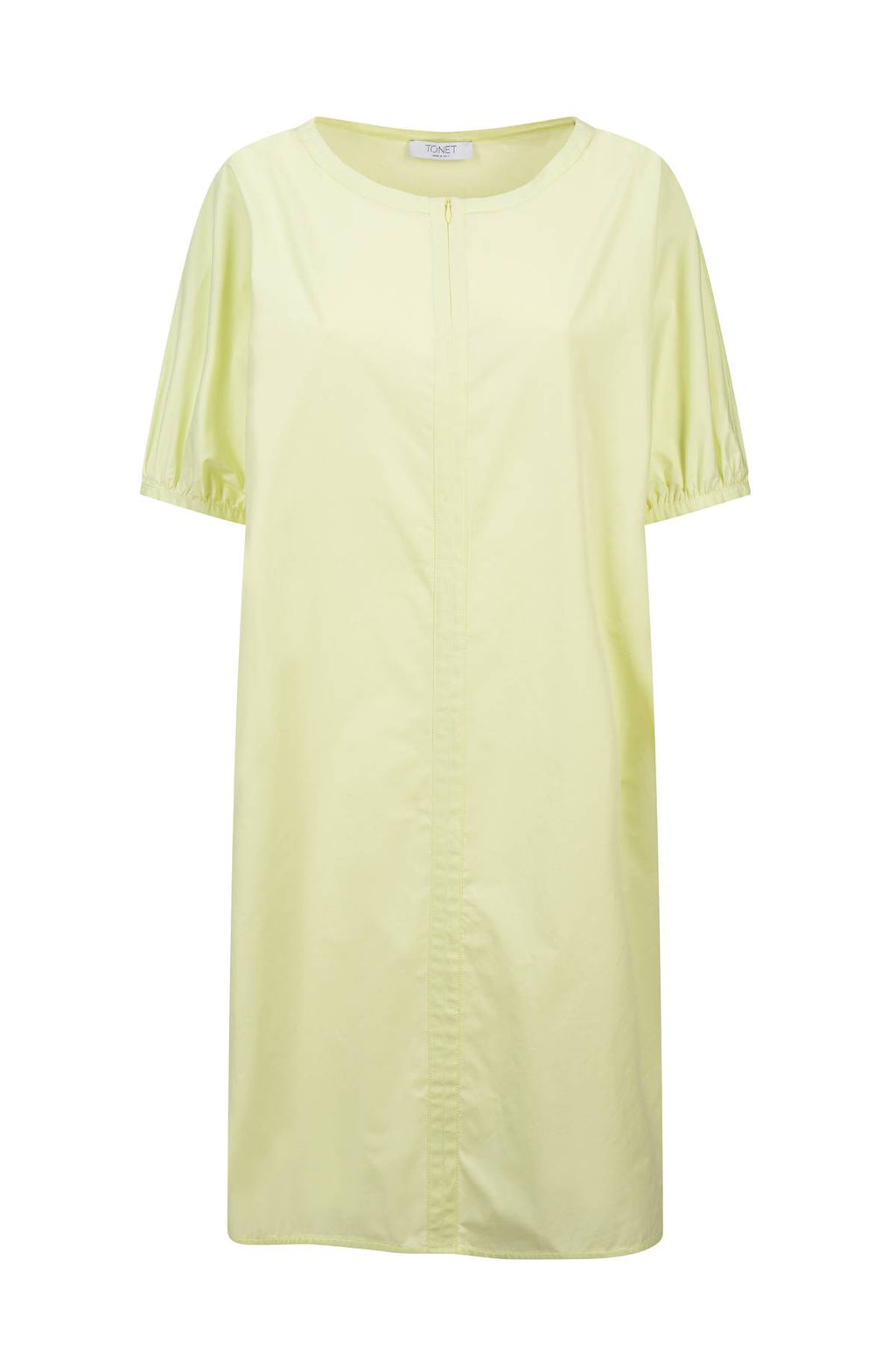 Abito in popeline di cotone con maniche a sbuffo. Look minimalista, taglio moderno, la cerniera davanti termina nel girocollo; cucitura centrale.