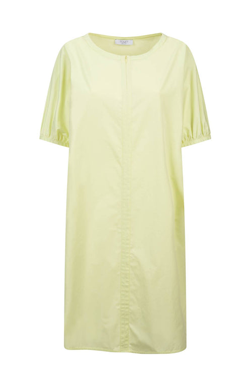 Abito in popeline di cotone con maniche a sbuffo. Look minimalista, taglio moderno, la cerniera davanti termina nel girocollo; cucitura centrale.