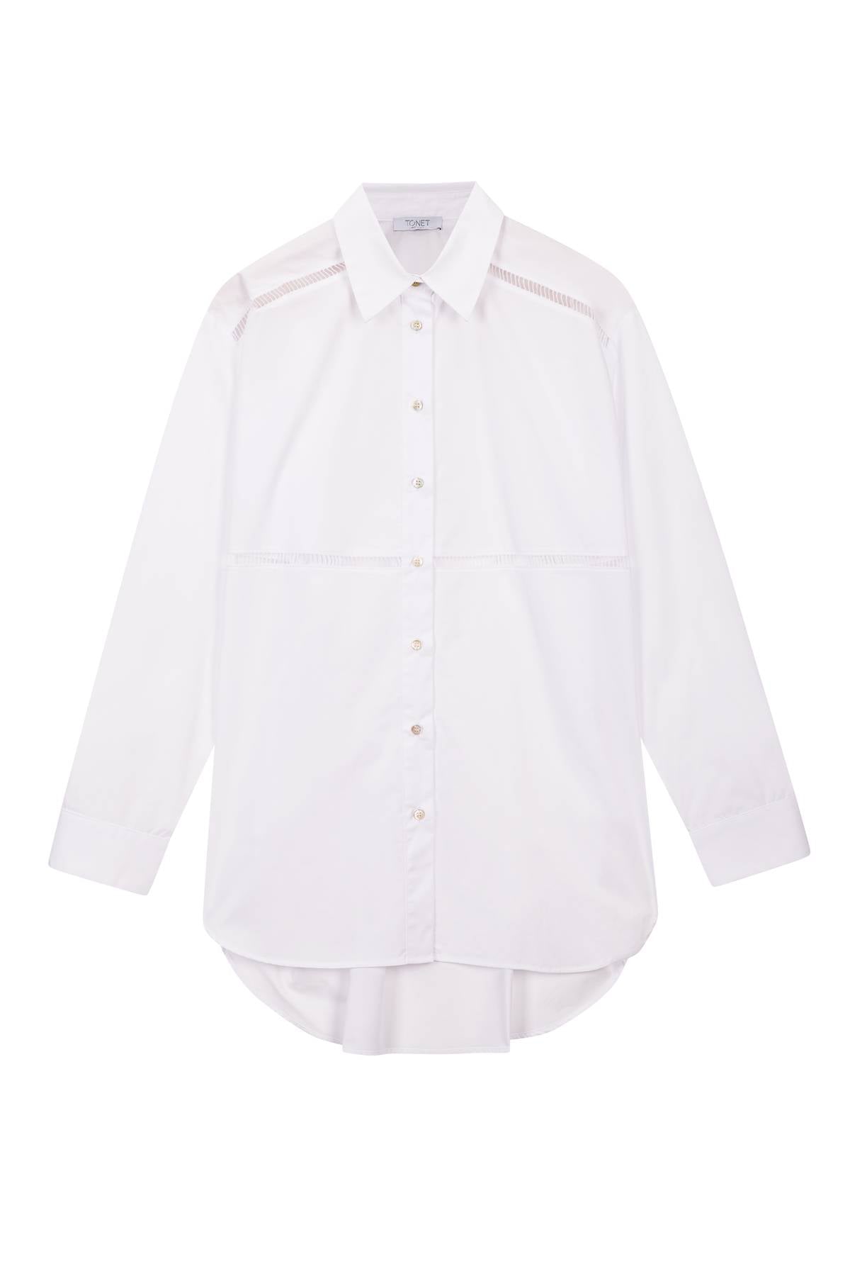 TONET Donna Elegante camicia maxi in cotone con ricamo à jour. Pensata per essere portata fuori dal pantalone; taglio moderno e vestibilità ampia. Made in Italy