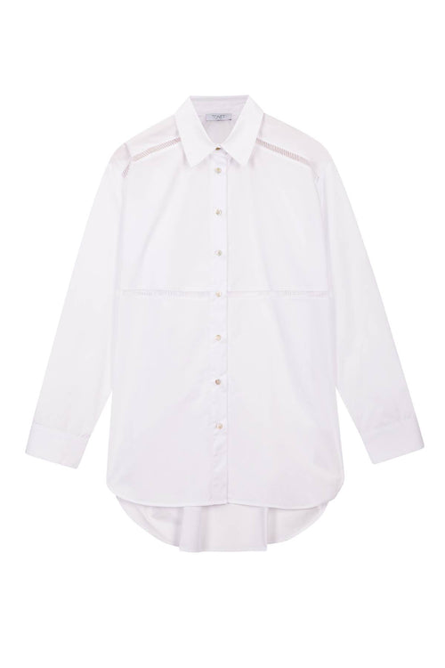 TONET Donna Elegante camicia maxi in cotone con ricamo à jour. Pensata per essere portata fuori dal pantalone; taglio moderno e vestibilità ampia. Made in Italy