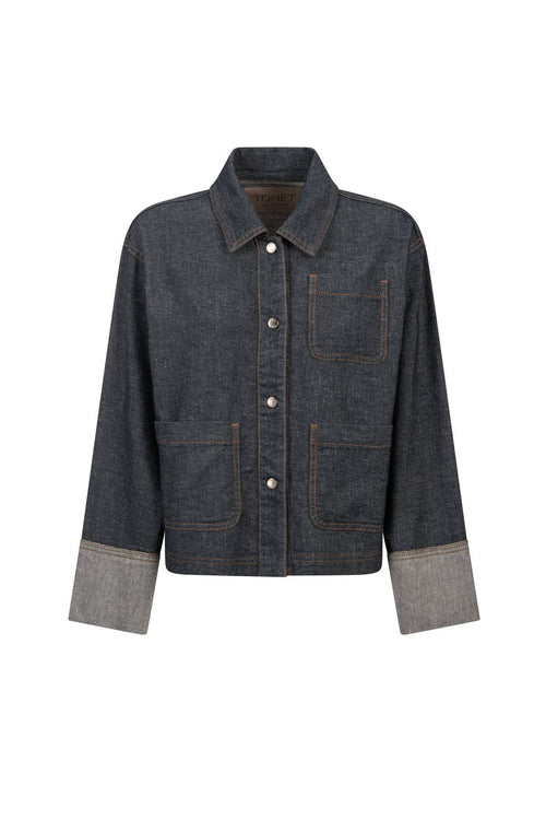 Giacca in jeans da donna; denim di lino e cotone Made in Italy