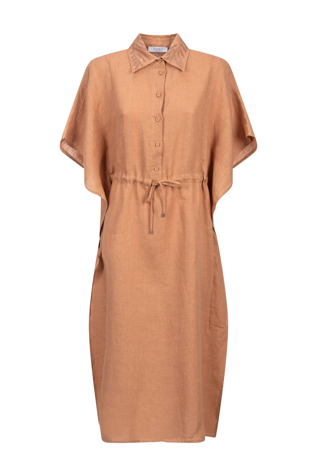 Elegante maxi abito da donna in lino, collo ricamato, coulisse in vita. Apertura delle maniche, vestibilità morbida. Lusso sartoriale Made in Italy