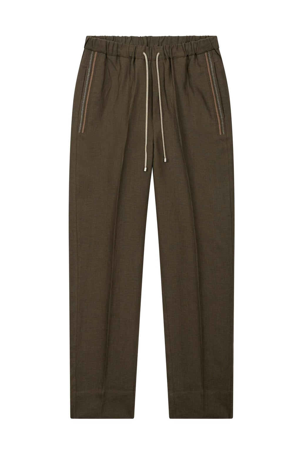 TONET Pantalone jogging in lino, con elastico, coulisse e dettagli in maglia sulle tasche. Gamba dritta. Per una donna che cerca un look sportivo, con un tocco chic.