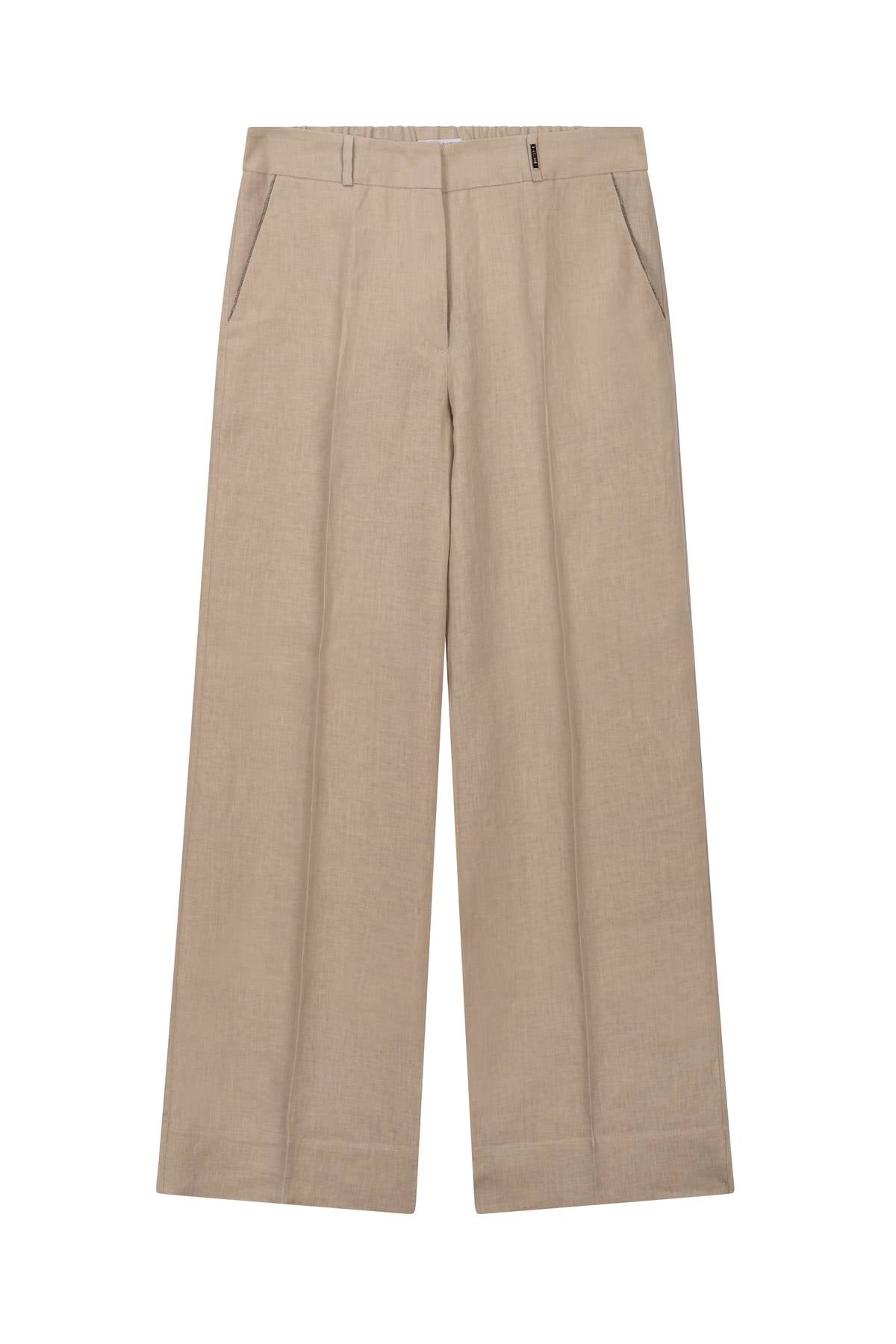 Pantalone largo da donna in puro lino, con dettaglio TONET sulla tasca. Gamba dritta e lunga, vestibilità regolare.