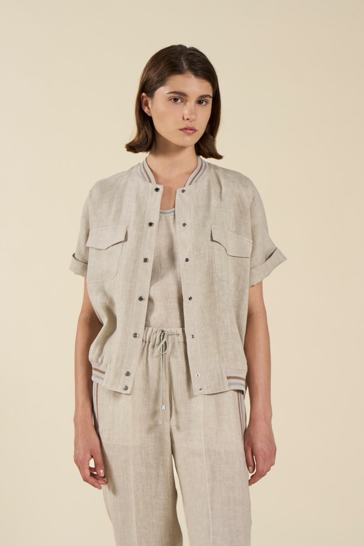 Bomber in tessuto di lino e maglia