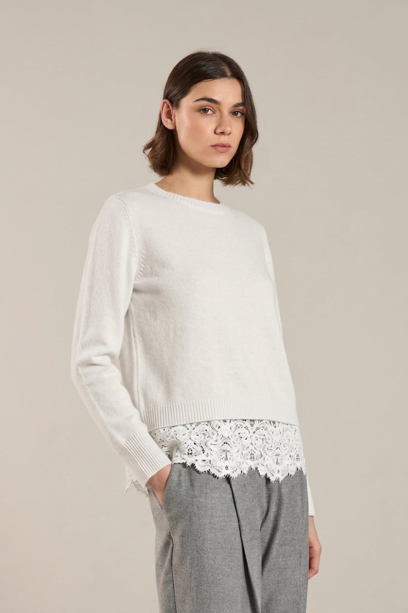 Maglia con Pizzo in Cashmere, Seta e Lana Merino Extra Fine