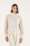 TONET Maglia donna bianco panna con maniche ricamate Made in Italy Lana Seta Cashmere