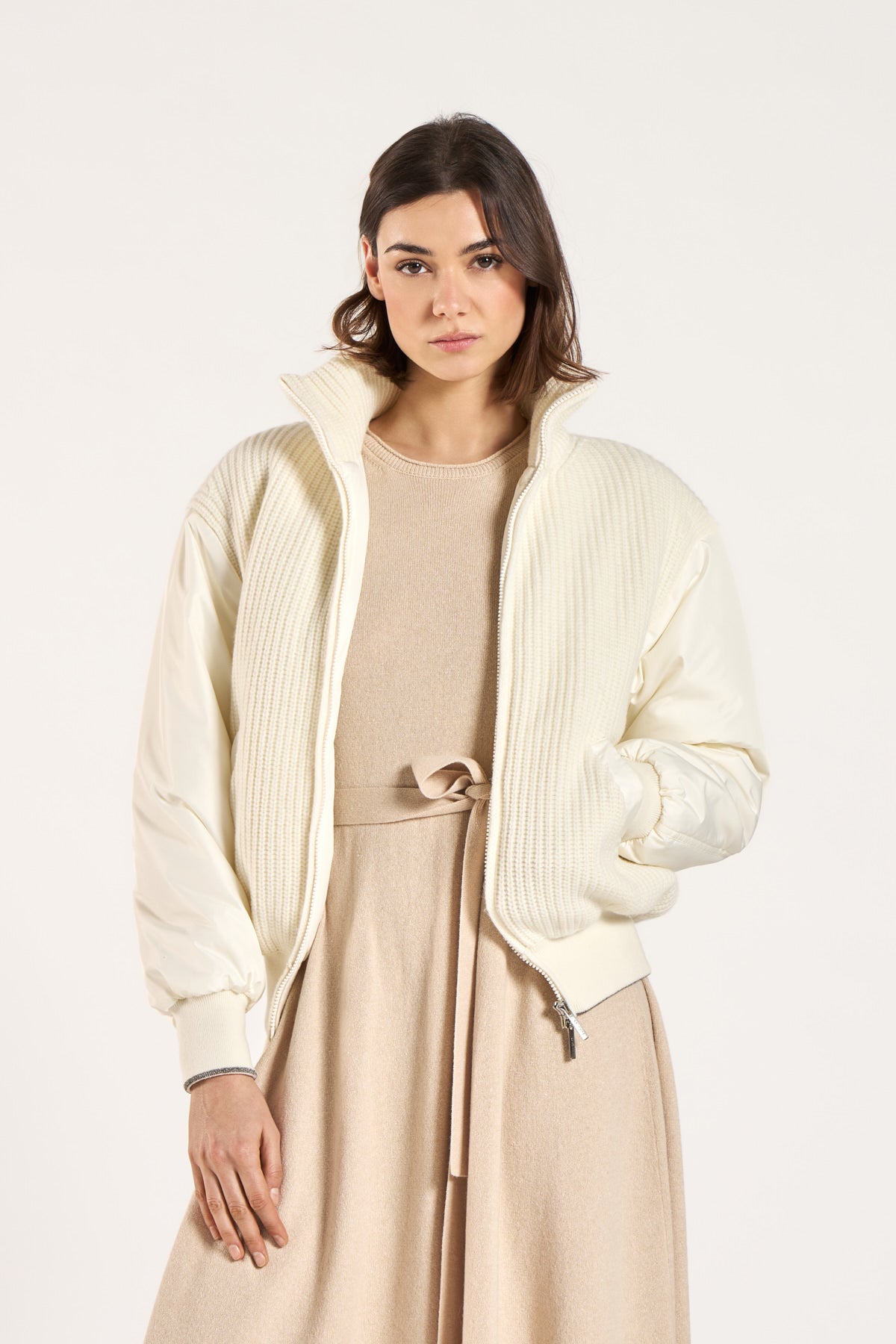 Bomber bimaterico in lana merino e dettagli TONET. Luxury Made in Italy