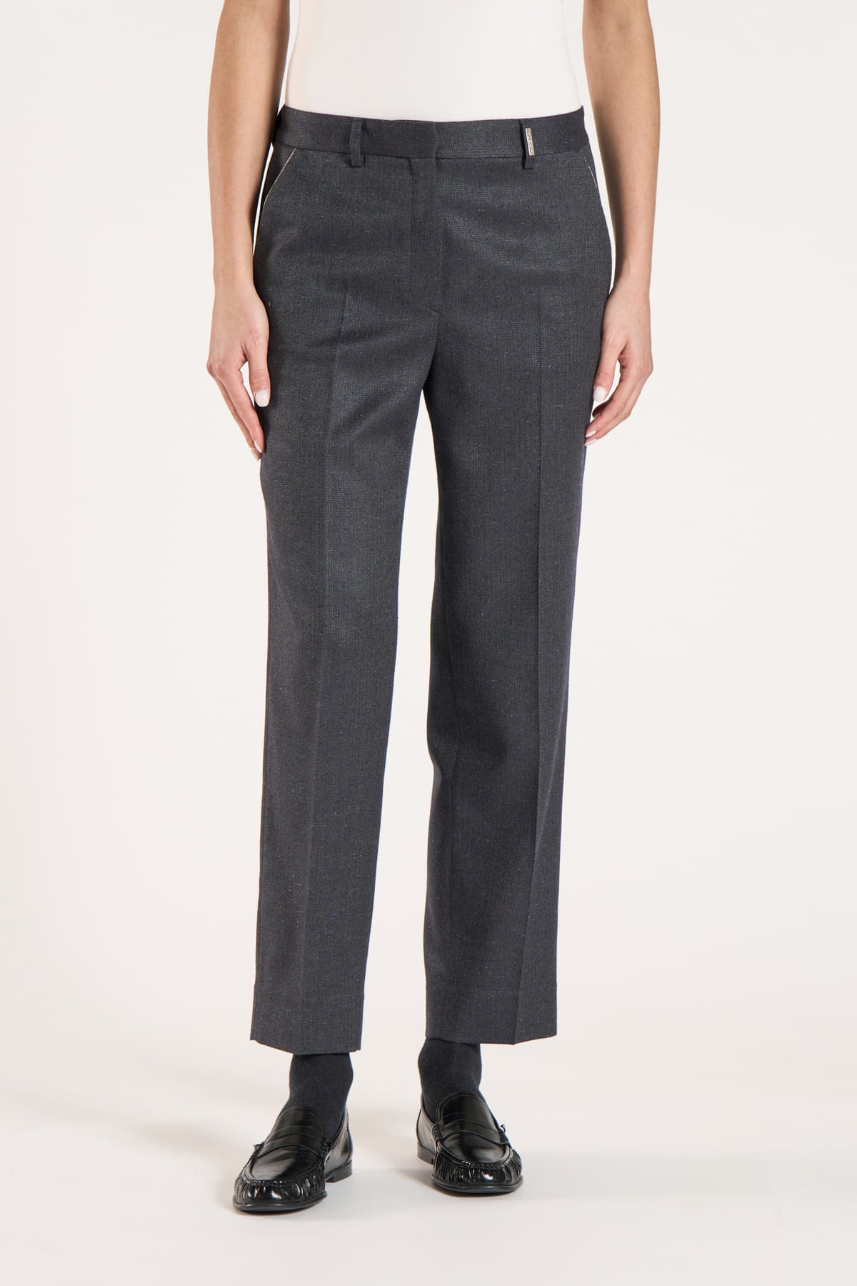 Pantaloni da donna in tessuto spinato blu navy